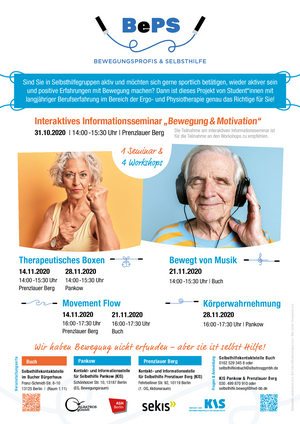 Das Poster des BePS-Projektes zeigt alle Infos zu Terminen, Orten und Kontaktpersonen sowie zwei Bilder von älteren Menschen.